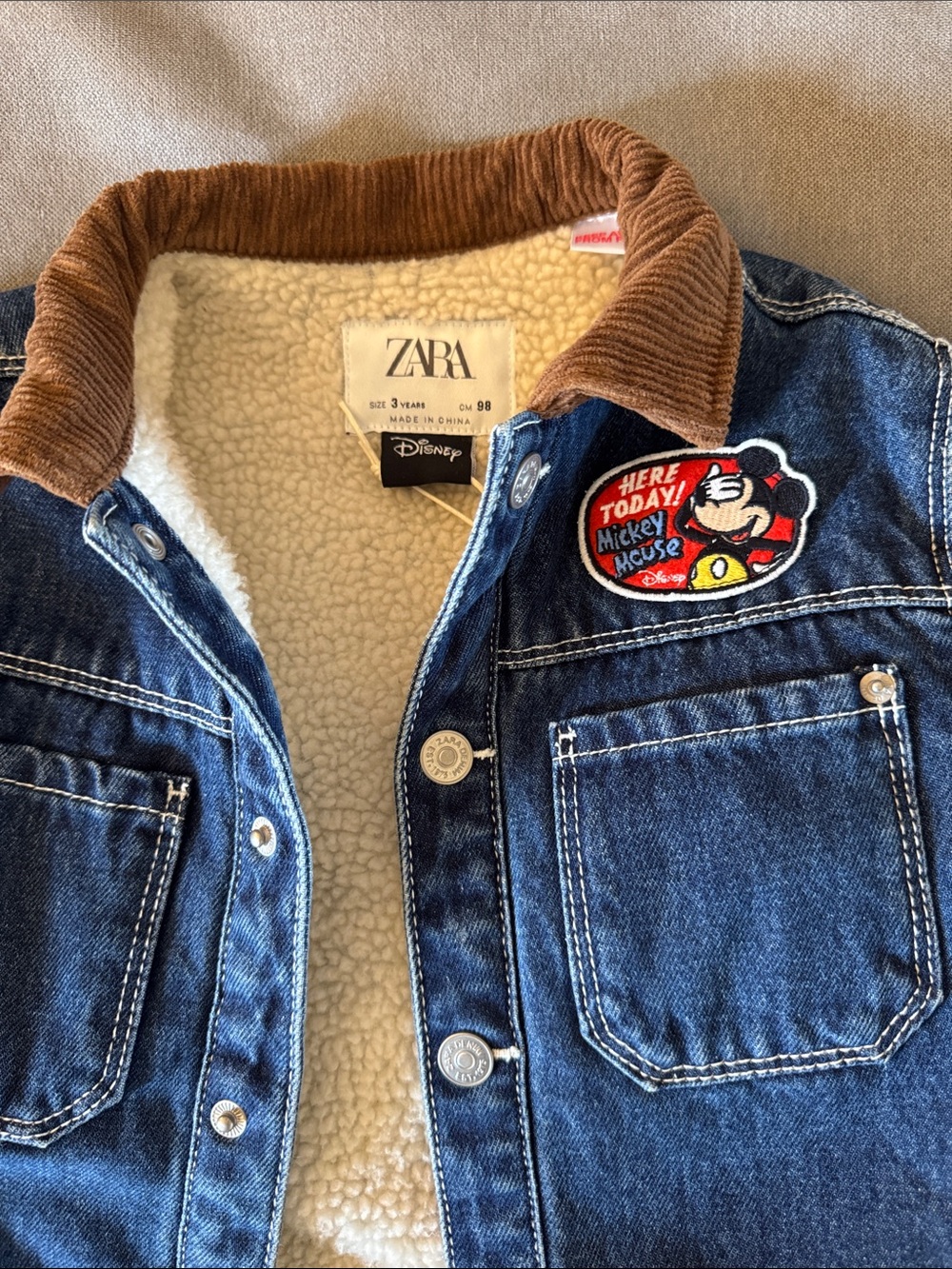 Zara Blue Denim Jacket with Brown Corduroy Collar and Mickey Patches